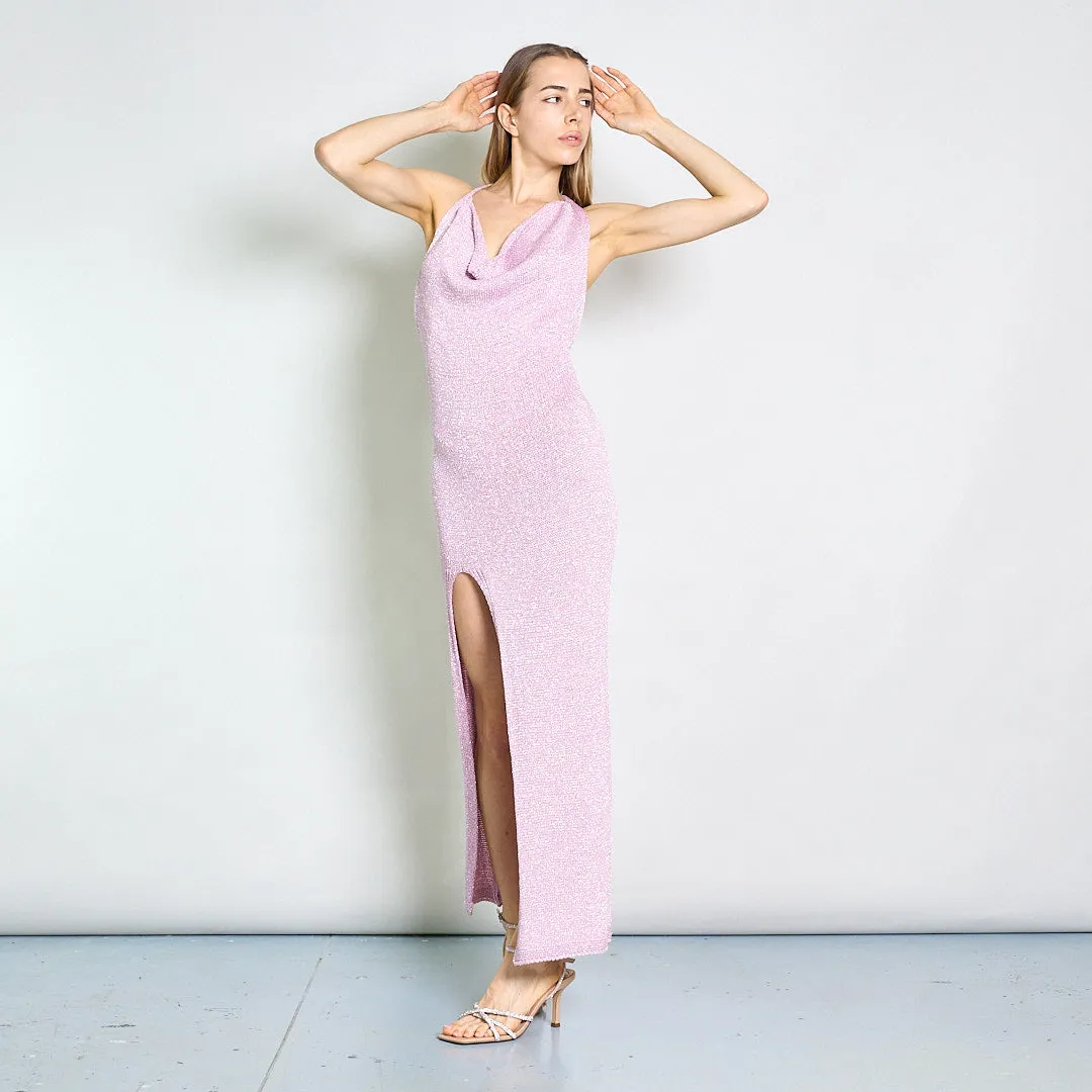 Sleeveless cowl-back glitter maxi evening dress wholesale