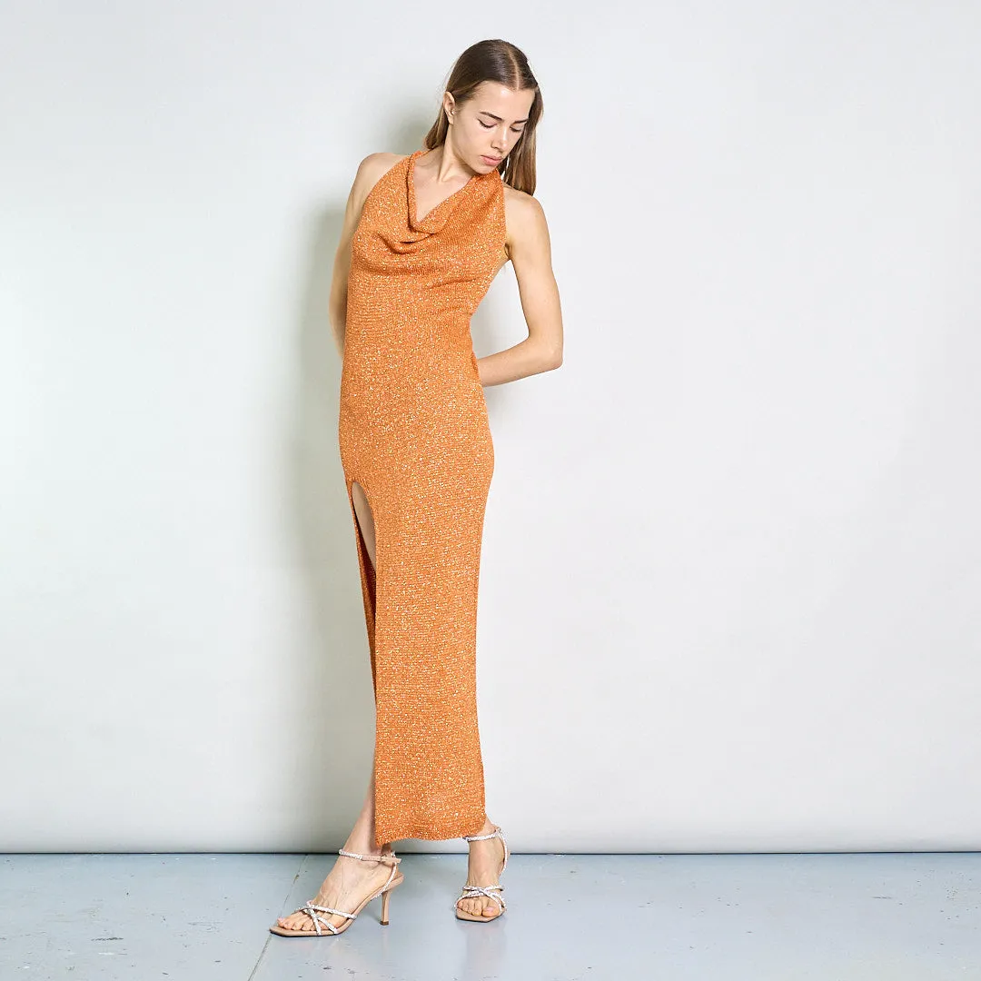 Sleeveless cowl-back glitter maxi evening dress wholesale