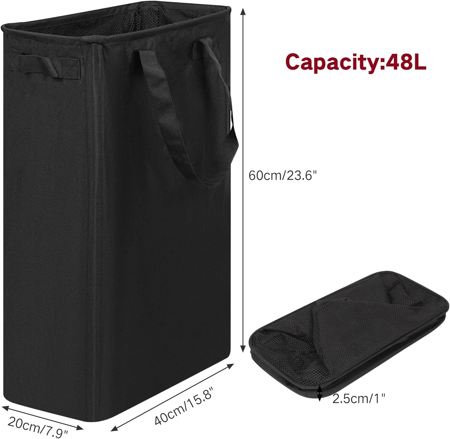 Slim Laundry Basket, Narrow Laundry Hamper with Handles, Collapsible Dirty Clothes Hamper, Tall Laundry Bin for Laundry Room, Dorm and Bedroom, 12.7 Gallons(48L) Black