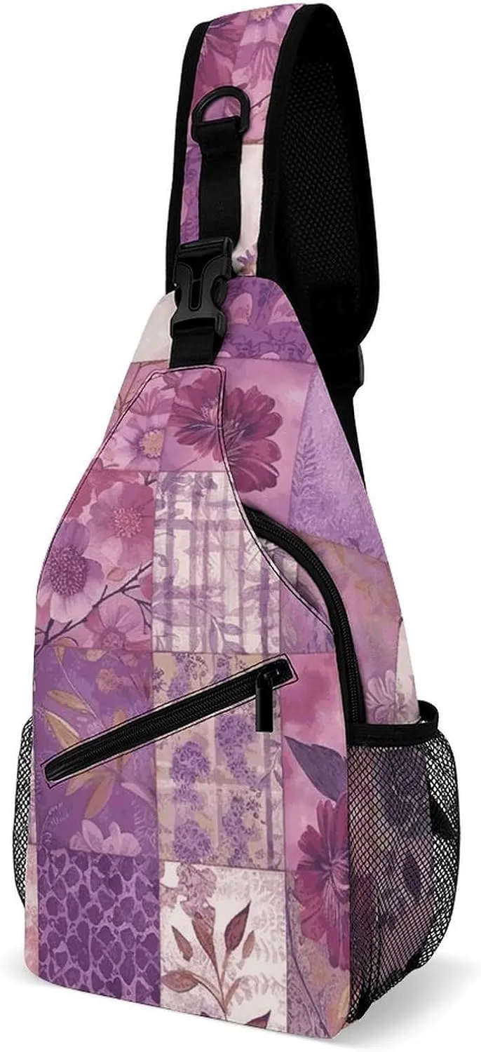 Sling Bag for Men Women Purple Flowers Collage Chest Bag Casual Crossbody Bag Sling Backpack for Travel Daypack