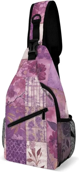 Sling Bag for Men Women Purple Flowers Collage Chest Bag Casual Crossbody Bag Sling Backpack for Travel Daypack