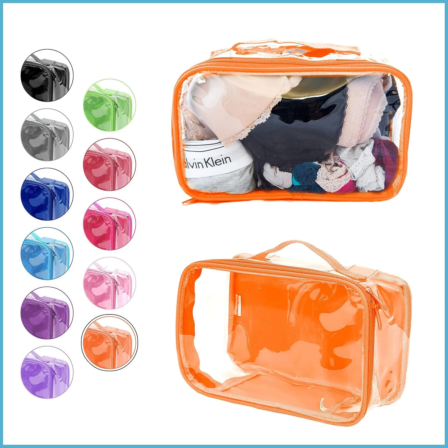 Small Clear Travel Packing Cube/See Through PVC Plastic Pouch for Carry On Suitcase, Backpack or Diaper Bag/Transparent Multipurpose Accessories, Makeup & Underwear Organizer w/Handle (Orange)