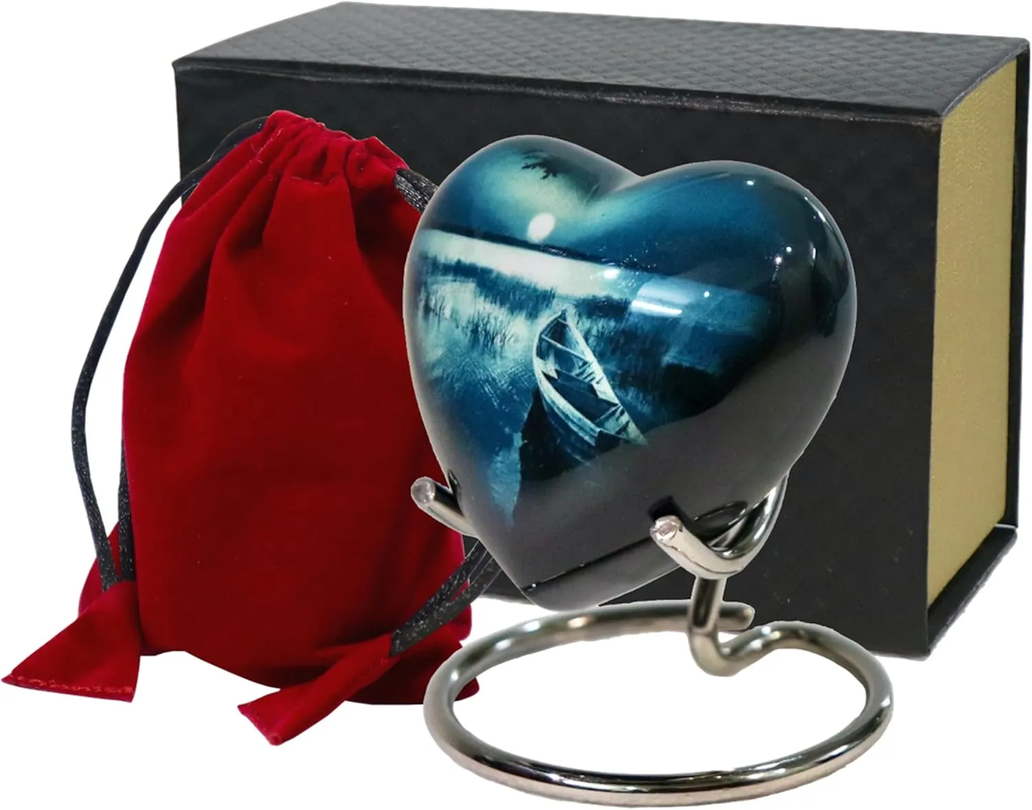 Small Heart Urns for Human Remains Ashes - Set of Funeral Ashes Container - Display Stand - Velvet Carry Bag - Paper Funnel with Black Gift Box - A Complete Memorial Gift Set
