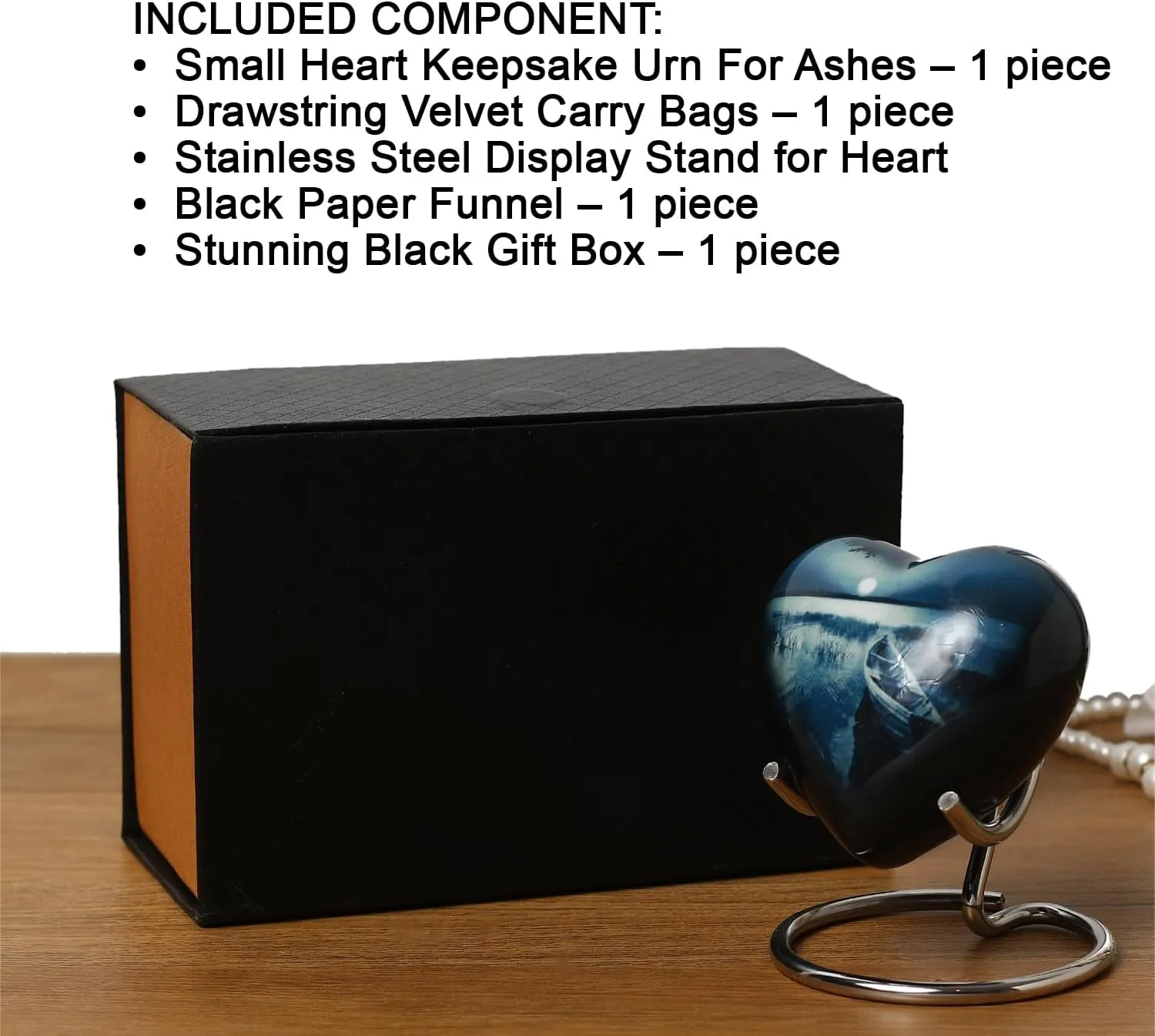 Small Heart Urns for Human Remains Ashes - Set of Funeral Ashes Container - Display Stand - Velvet Carry Bag - Paper Funnel with Black Gift Box - A Complete Memorial Gift Set
