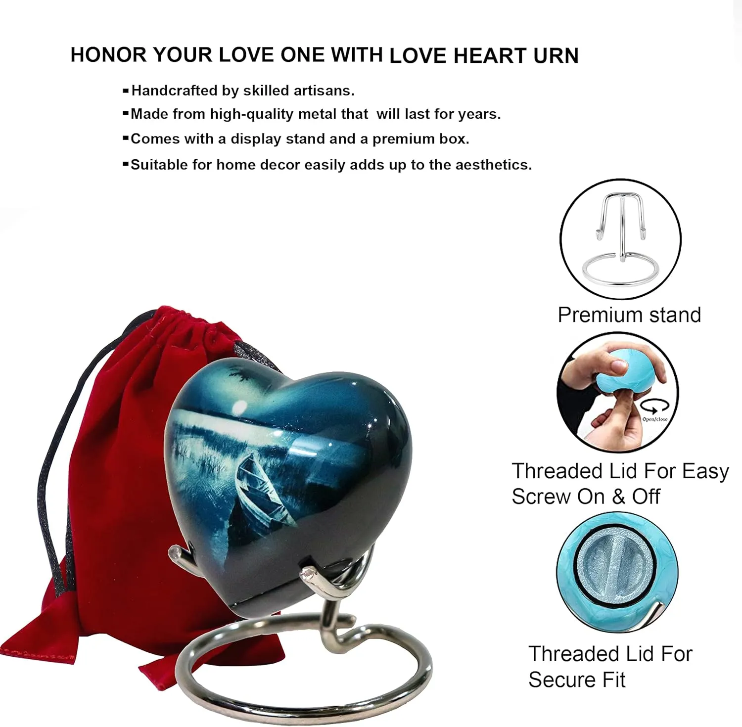 Small Heart Urns for Human Remains Ashes - Set of Funeral Ashes Container - Display Stand - Velvet Carry Bag - Paper Funnel with Black Gift Box - A Complete Memorial Gift Set