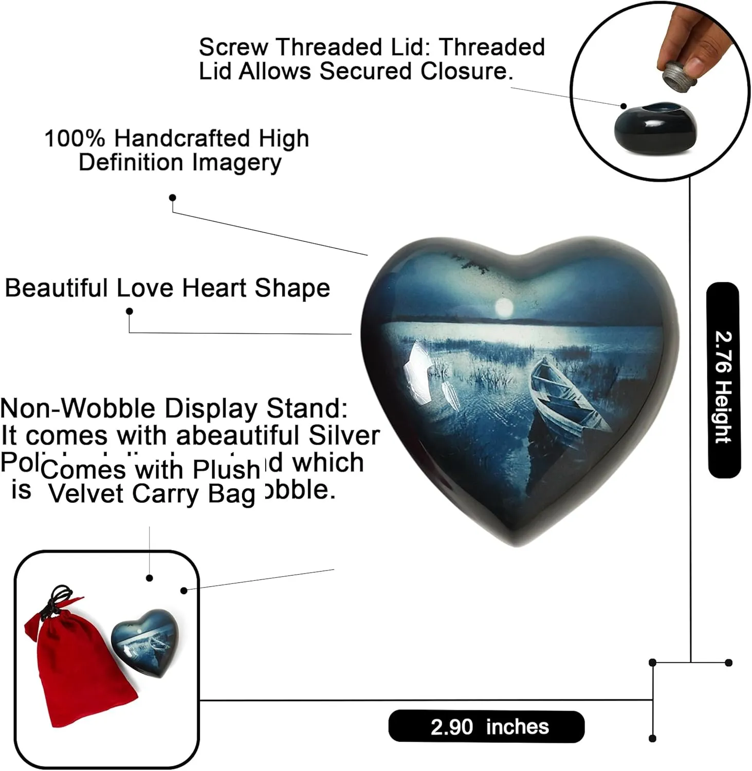 Small Heart Urns for Human Remains Ashes - Set of Funeral Ashes Container - Display Stand - Velvet Carry Bag - Paper Funnel with Black Gift Box - A Complete Memorial Gift Set