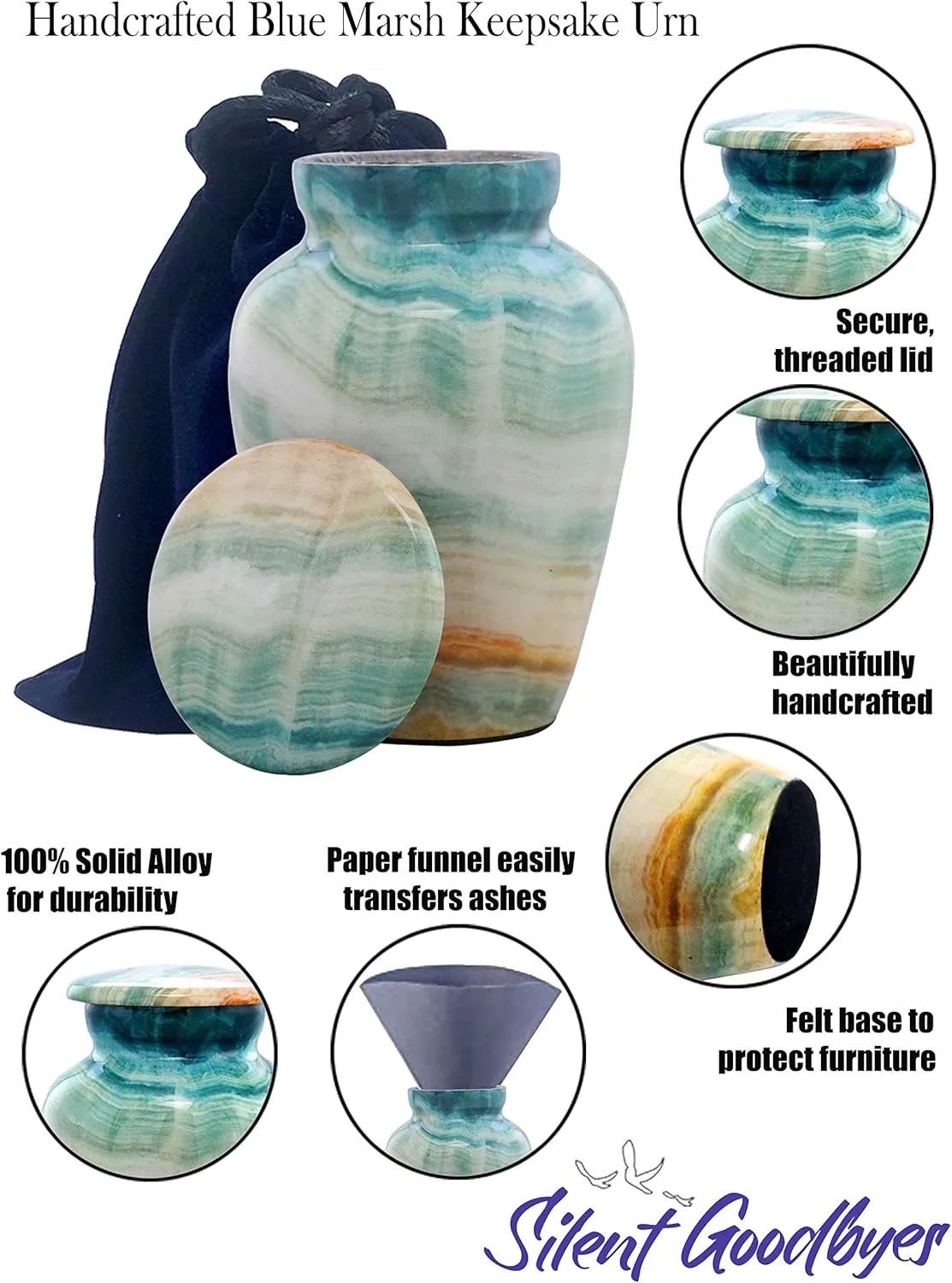 Small Keepsake Cremation Urns for Human Ashes - Marble Finish Metal Keepsake Urn - Mini Cremation Urn for Pet Ashes - Handcrafted Memorial Urn - Funeral Urns with Velvet Bag (Blue Marsh)