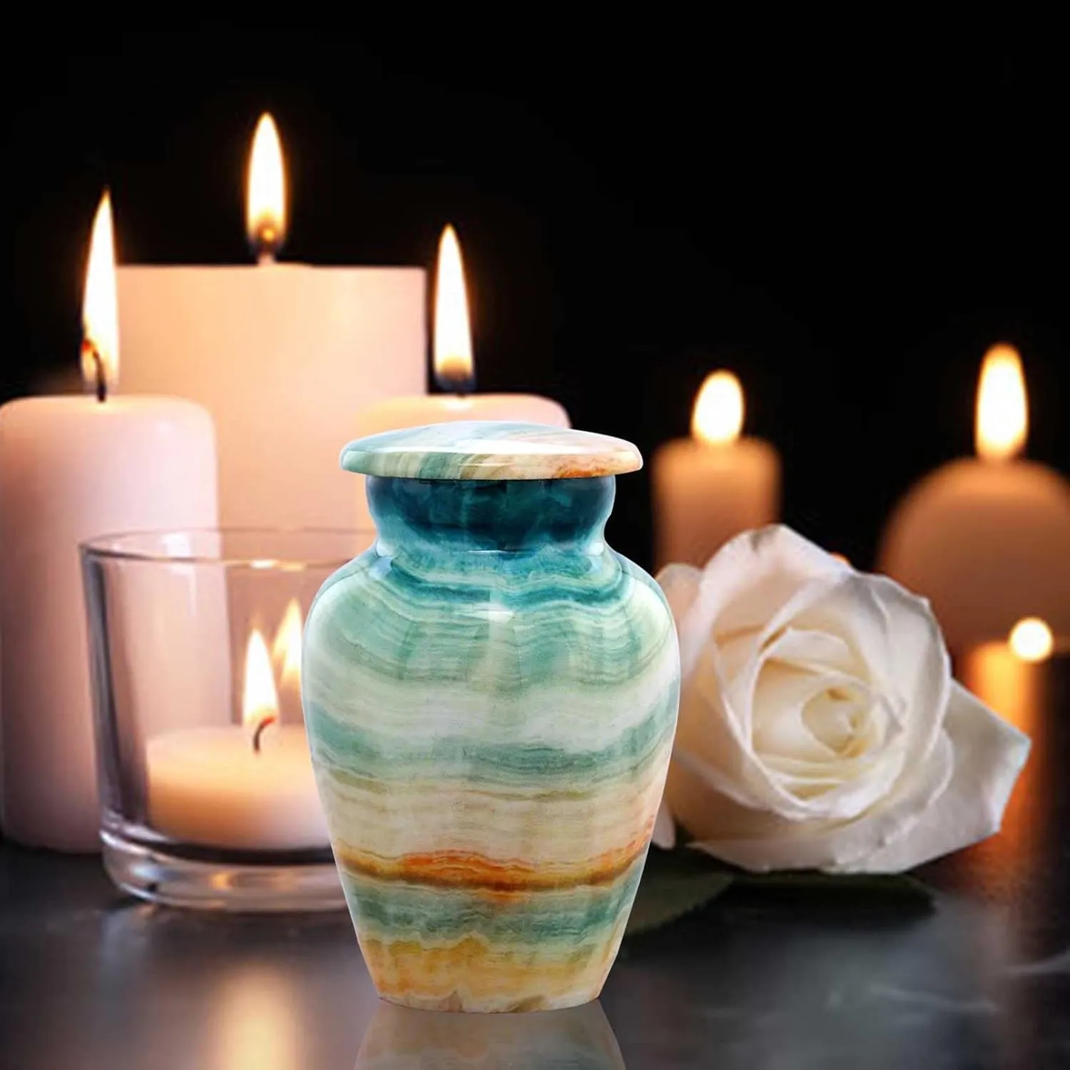Small Keepsake Cremation Urns for Human Ashes - Marble Finish Metal Keepsake Urn - Mini Cremation Urn for Pet Ashes - Handcrafted Memorial Urn - Funeral Urns with Velvet Bag (Blue Marsh)