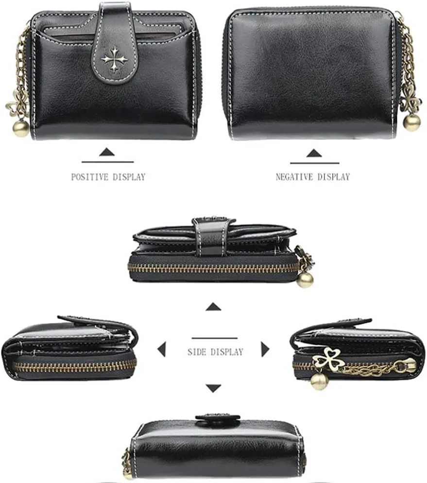Small Wallet for Women Zip Bifold Vintage Wallet Goth Purse Mini Leather Cash Wallets with Zipper Coin Pocket (Black,Small)
