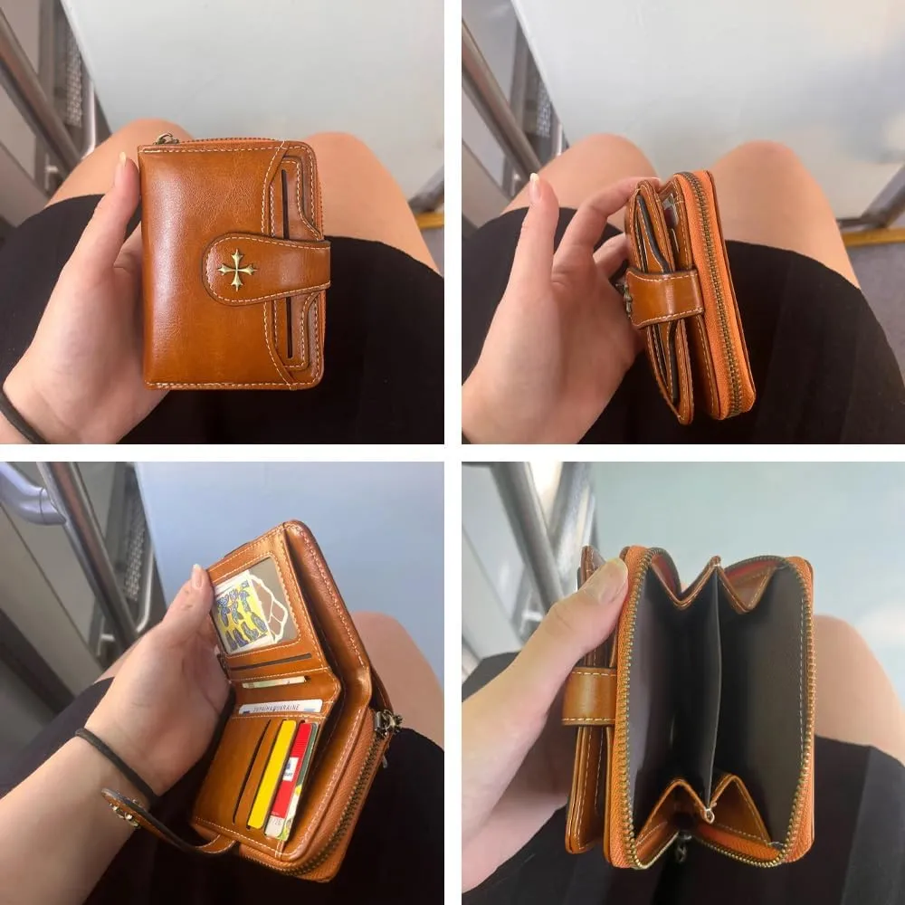 Small Wallet for Women Zip Bifold Vintage Wallet Goth Purse Mini Leather Cash Wallets with Zipper Coin Pocket (Brown,Small)