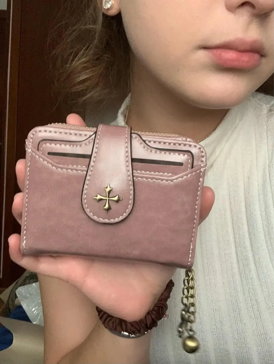 Small Wallet for Women Zip Bifold Vintage Wallet Goth Purse Mini Leather Cash Wallets with Zipper Coin Pocket (Pink,Small)