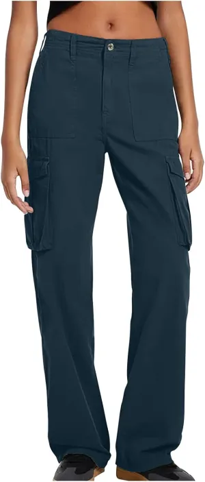 SMIDOW Casual Wide Leg Cargo Pants for Women High Waist Straight Leg Trousers with Pockets Streetwear Stretchy Pants