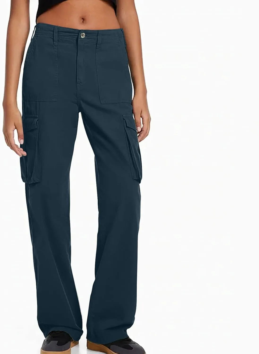 SMIDOW Casual Wide Leg Cargo Pants for Women High Waist Straight Leg Trousers with Pockets Streetwear Stretchy Pants