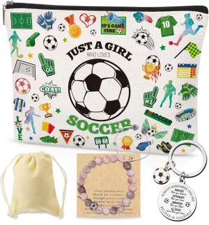 Soccer Makeup Bag gift for Girls, Soccer Cosmetic Bag with Keychain and Bracelet Coach Gifts for Her Him Players Teams Fans Football Lovers Sport Party Favors