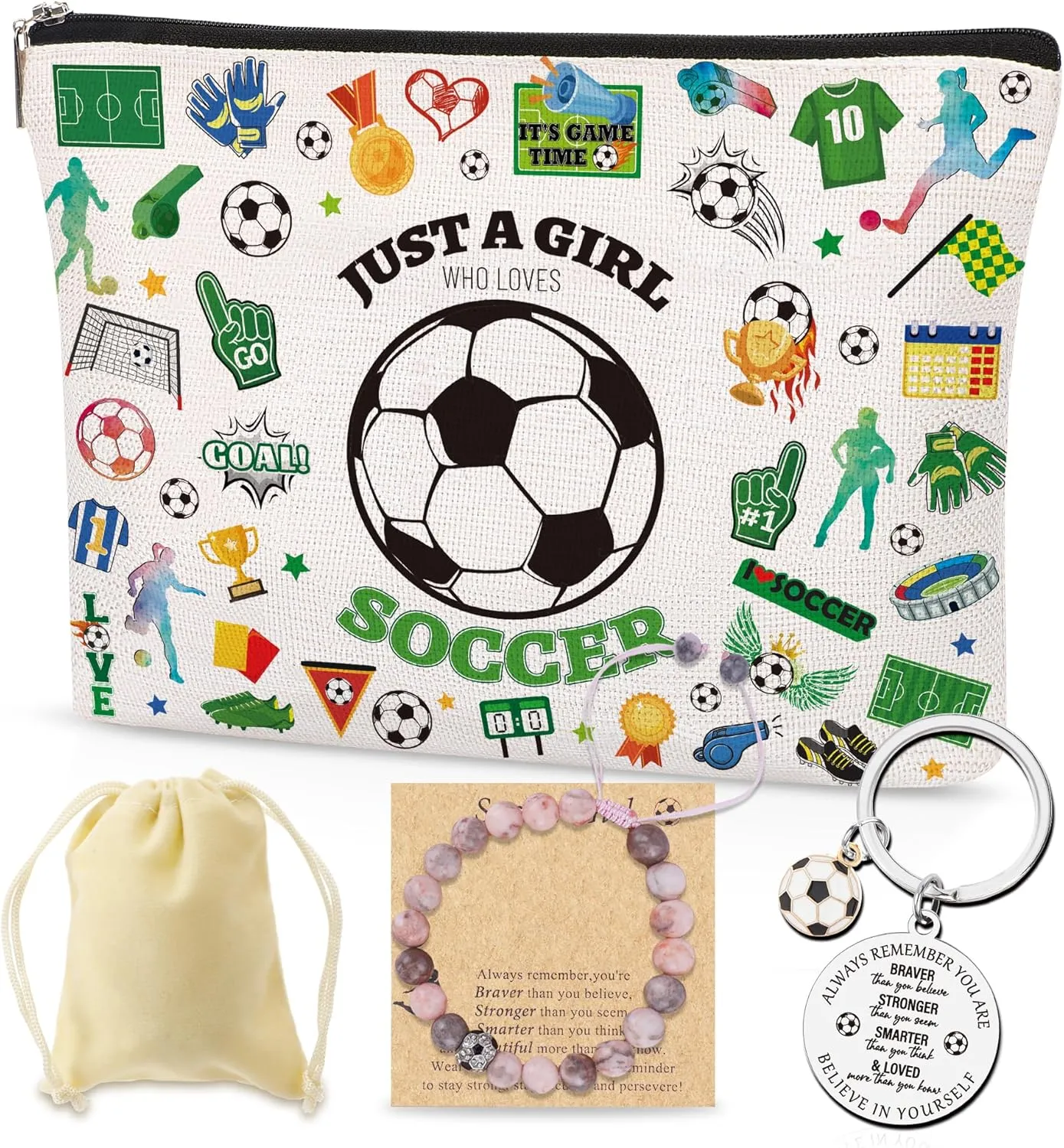 Soccer Makeup Bag gift for Girls, Soccer Cosmetic Bag with Keychain and Bracelet Coach Gifts for Her Him Players Teams Fans Football Lovers Sport Party Favors