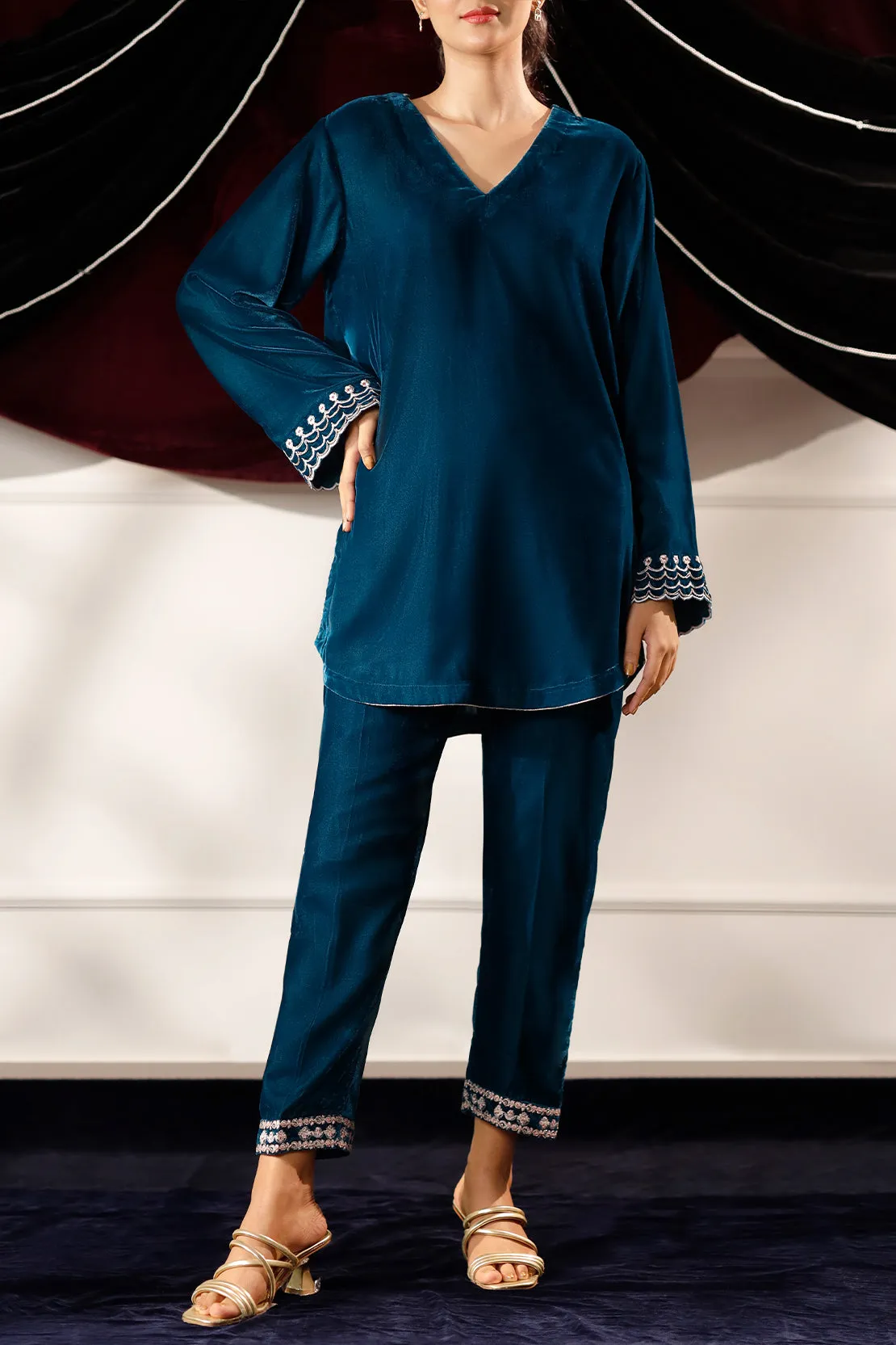 Solid Embroidered Velvet Stitched (Shirt/Trouser)
