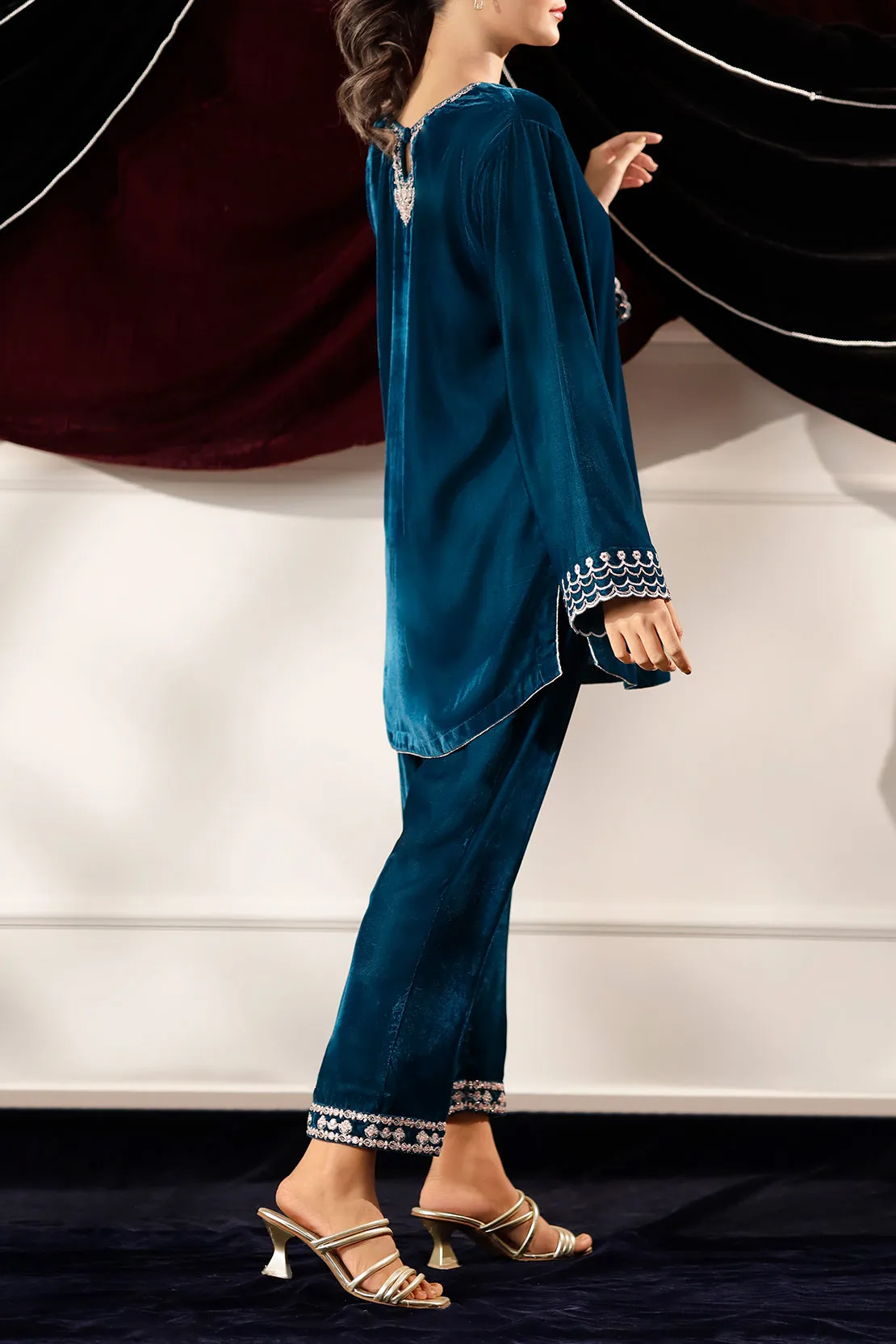 Solid Embroidered Velvet Stitched (Shirt/Trouser)