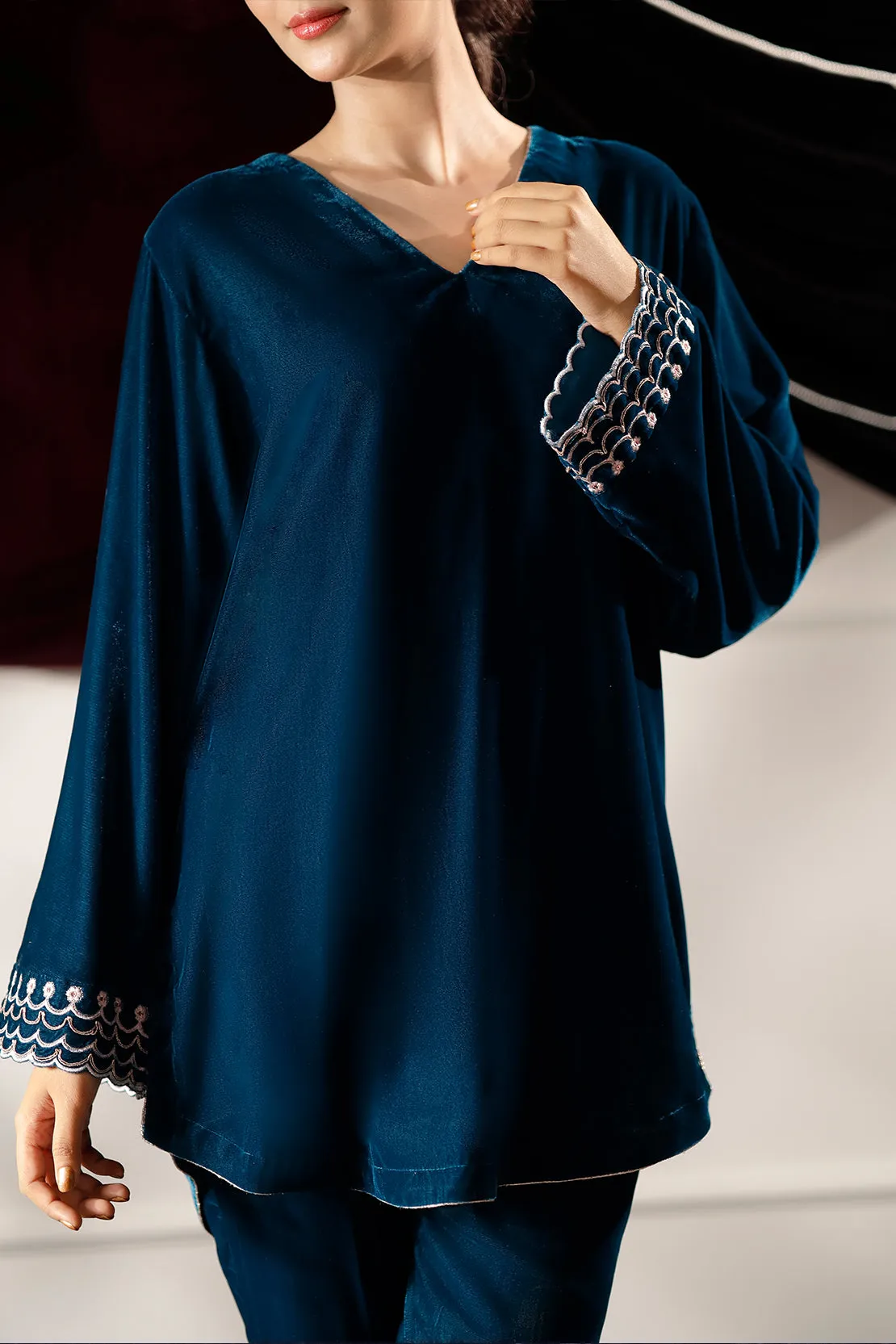 Solid Embroidered Velvet Stitched (Shirt/Trouser)