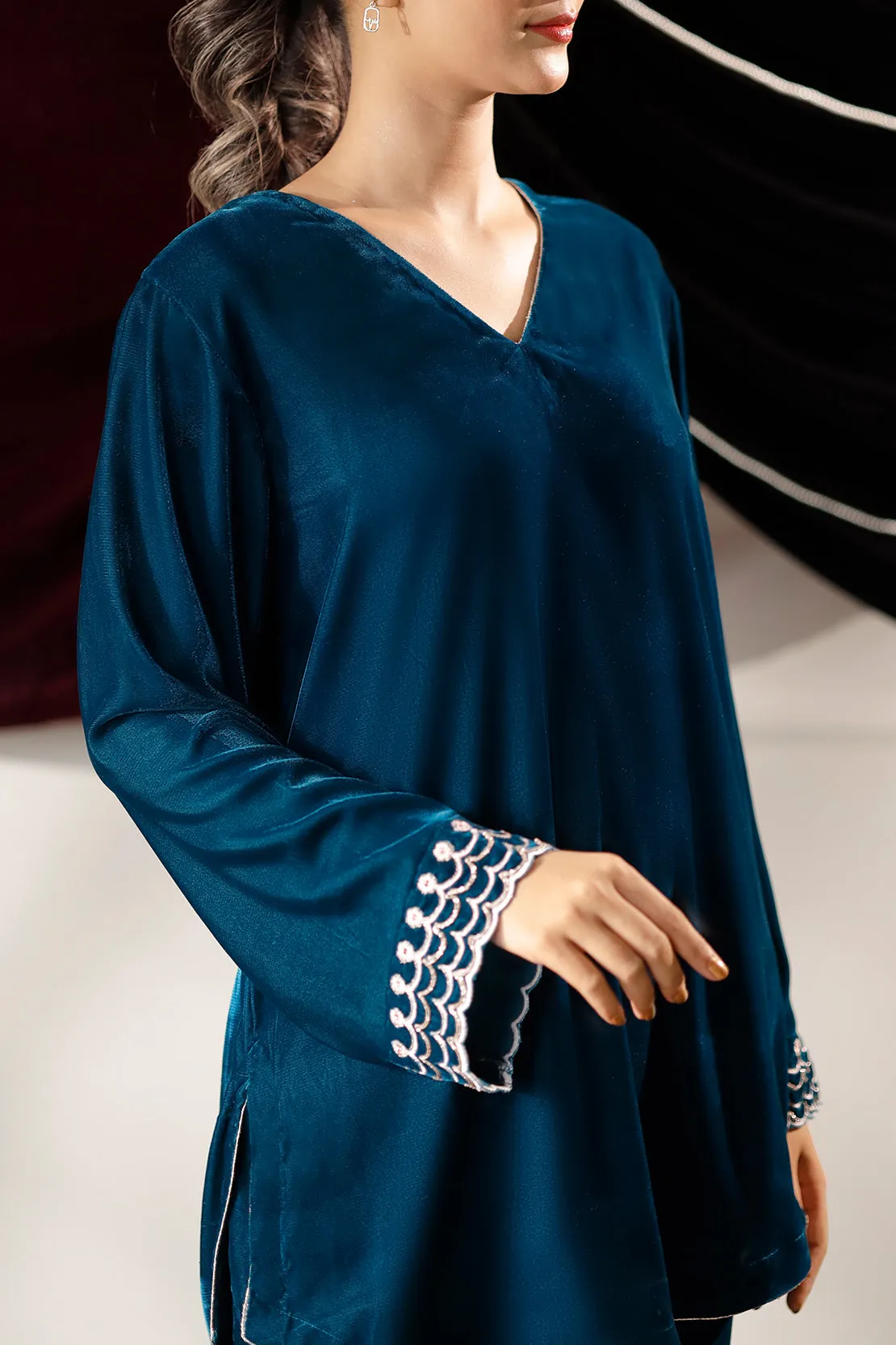 Solid Embroidered Velvet Stitched (Shirt/Trouser)