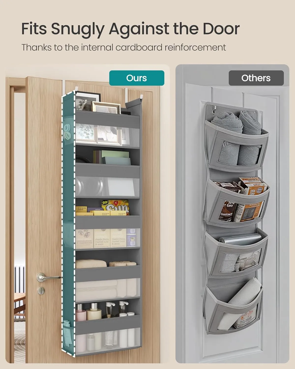 SONGMICS Over The Door Organizer, Hanging Door Organizer with 5 Large Pockets, 5-Tier Fabric Storage, Transparent Nylon Mesh, Foldable, Metal Hooks, with Side Pouches, Dove Gray URDH007G01
