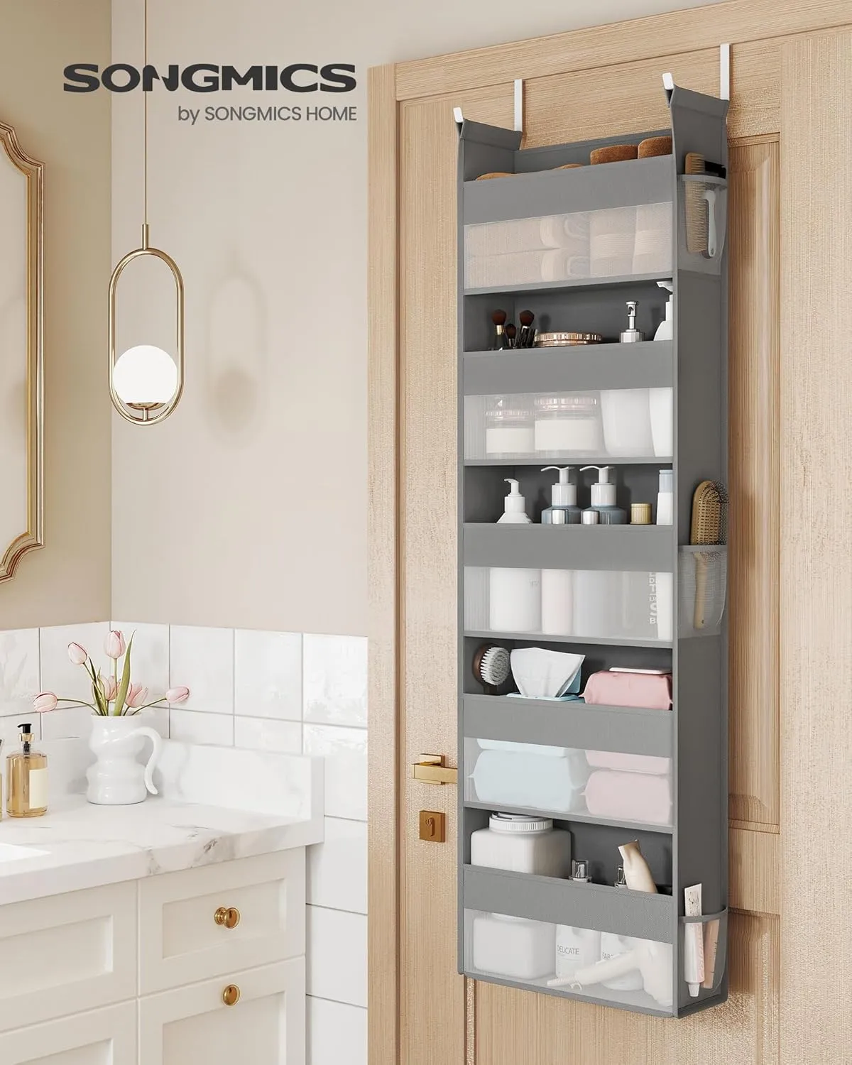 SONGMICS Over The Door Organizer, Hanging Door Organizer with 5 Large Pockets, 5-Tier Fabric Storage, Transparent Nylon Mesh, Foldable, Metal Hooks, with Side Pouches, Dove Gray URDH007G01