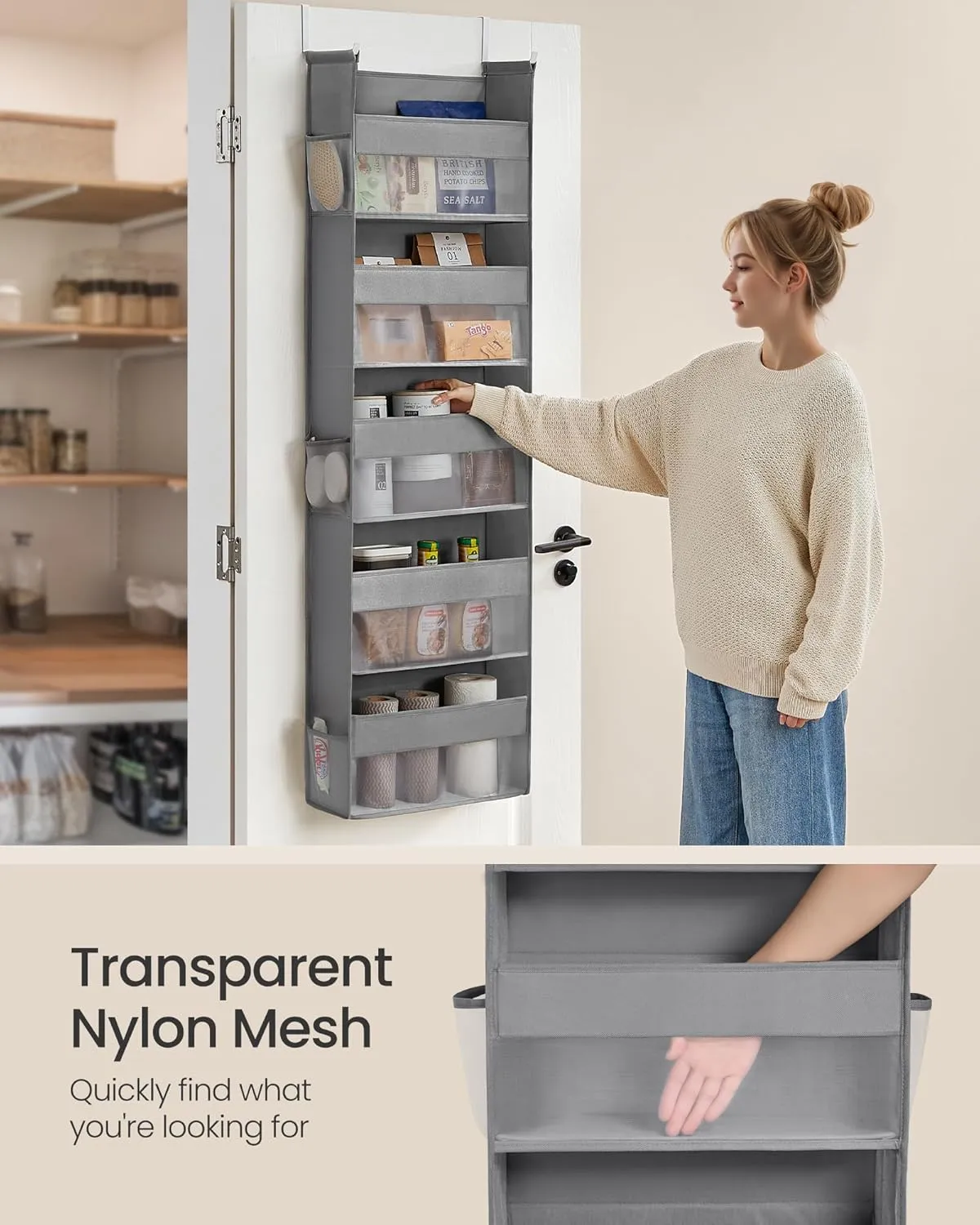 SONGMICS Over The Door Organizer, Hanging Door Organizer with 5 Large Pockets, 5-Tier Fabric Storage, Transparent Nylon Mesh, Foldable, Metal Hooks, with Side Pouches, Dove Gray URDH007G01