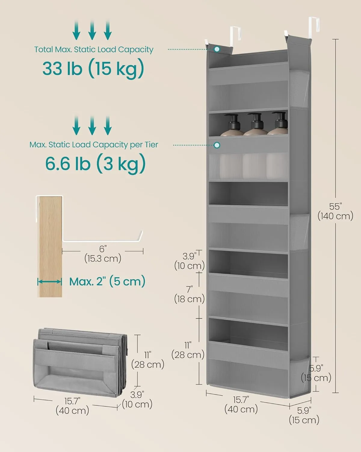 SONGMICS Over The Door Organizer, Hanging Door Organizer with 5 Large Pockets, 5-Tier Fabric Storage, Transparent Nylon Mesh, Foldable, Metal Hooks, with Side Pouches, Dove Gray URDH007G01