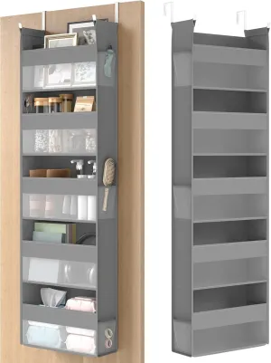 SONGMICS Over The Door Organizer, Hanging Door Organizer with 5 Large Pockets, 5-Tier Fabric Storage, Transparent Nylon Mesh, Foldable, Metal Hooks, with Side Pouches, Dove Gray URDH007G01