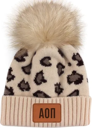 Sorority Shop - Alpha Omicron Pi Beanie Hat - Leopard Print with AOP Name Patch