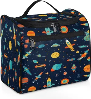 Spaceships Satellites Women's Toiletry Bag Waterproof Cosmetic Bag Galaxy Space Travel Cosmetic Bag Multi-functional Organizer with Hooks Suitable for Full-size Toiletries and Cosmetics