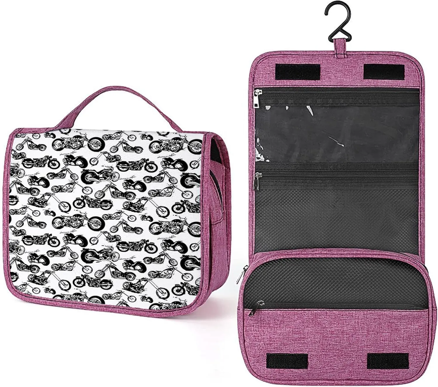 Sport Theme,Travel Toiletry Hanging Bag Waterproof Bags,Different Models of Motorbikes Race,Makeup bag Organizers, Cosmetic Travel-Sized Container,Large Capacity for Women,Black White