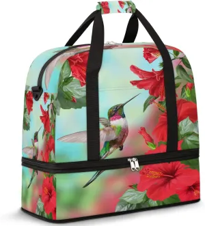 Spring Hummingbird Flower Floral Foldable Travel Duffel Bag Tote Carry on Luggage Sport Duffle for Women Men Gym Bag Overnight Weekender Bags with Shoe Compartments & Shoulder Strap