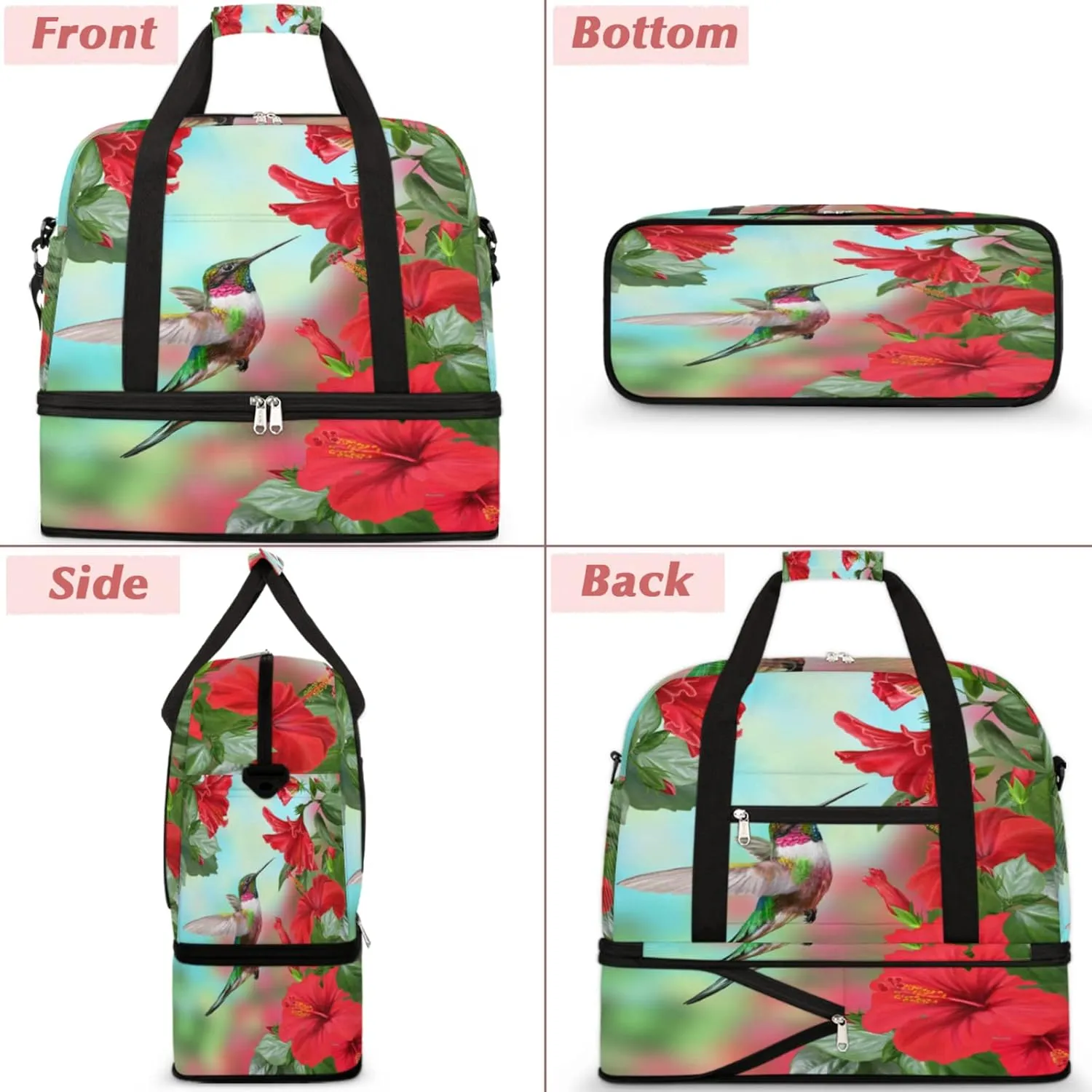 Spring Hummingbird Flower Floral Foldable Travel Duffel Bag Tote Carry on Luggage Sport Duffle for Women Men Gym Bag Overnight Weekender Bags with Shoe Compartments & Shoulder Strap