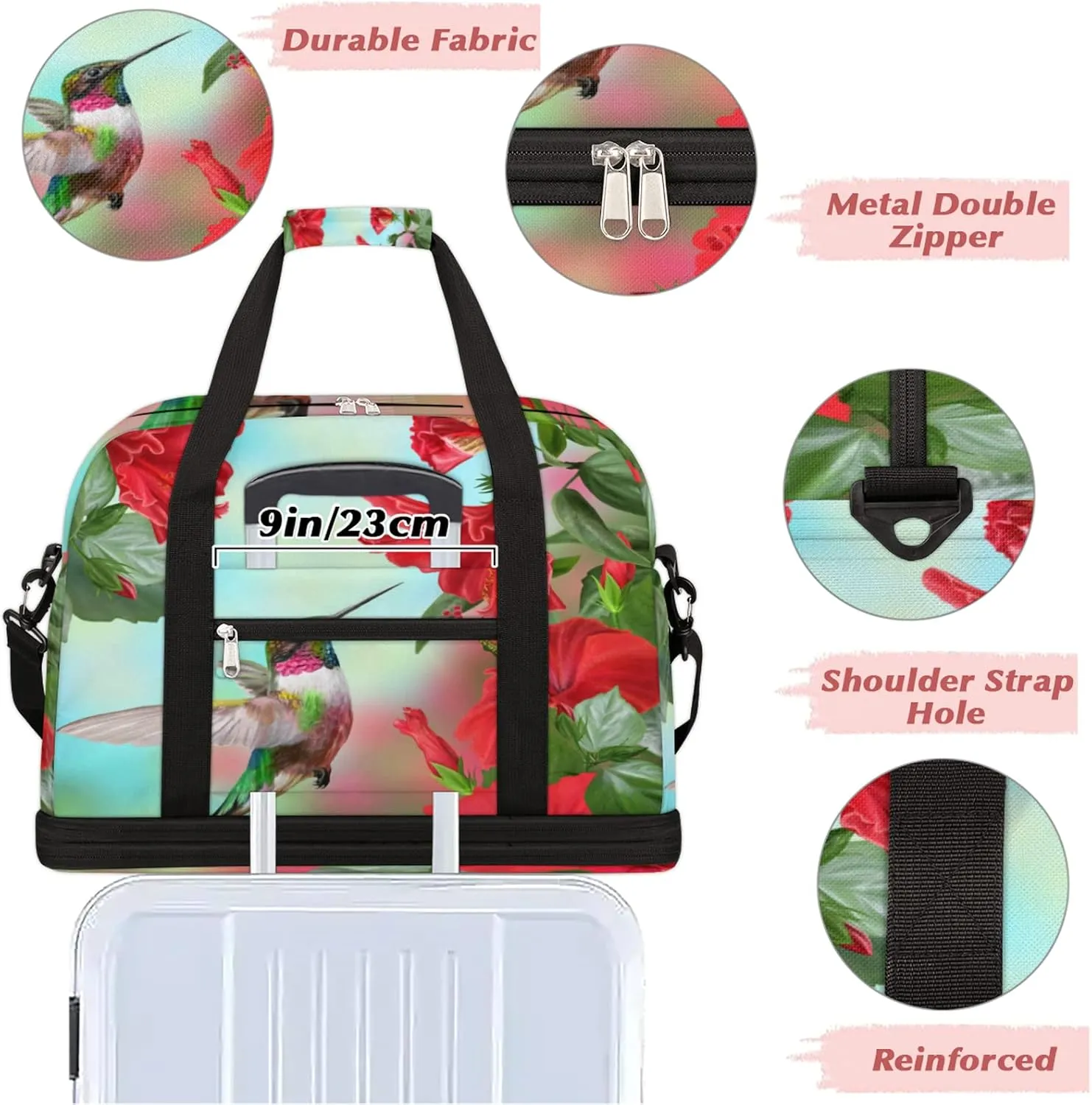 Spring Hummingbird Flower Floral Foldable Travel Duffel Bag Tote Carry on Luggage Sport Duffle for Women Men Gym Bag Overnight Weekender Bags with Shoe Compartments & Shoulder Strap