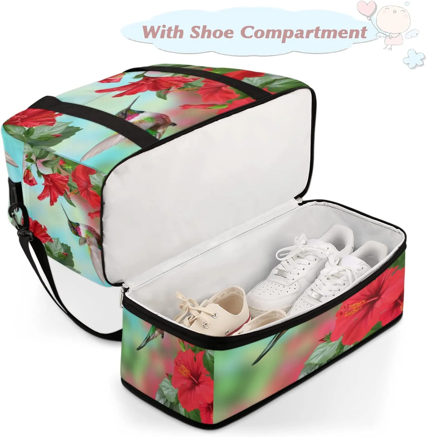 Spring Hummingbird Flower Floral Foldable Travel Duffel Bag Tote Carry on Luggage Sport Duffle for Women Men Gym Bag Overnight Weekender Bags with Shoe Compartments & Shoulder Strap