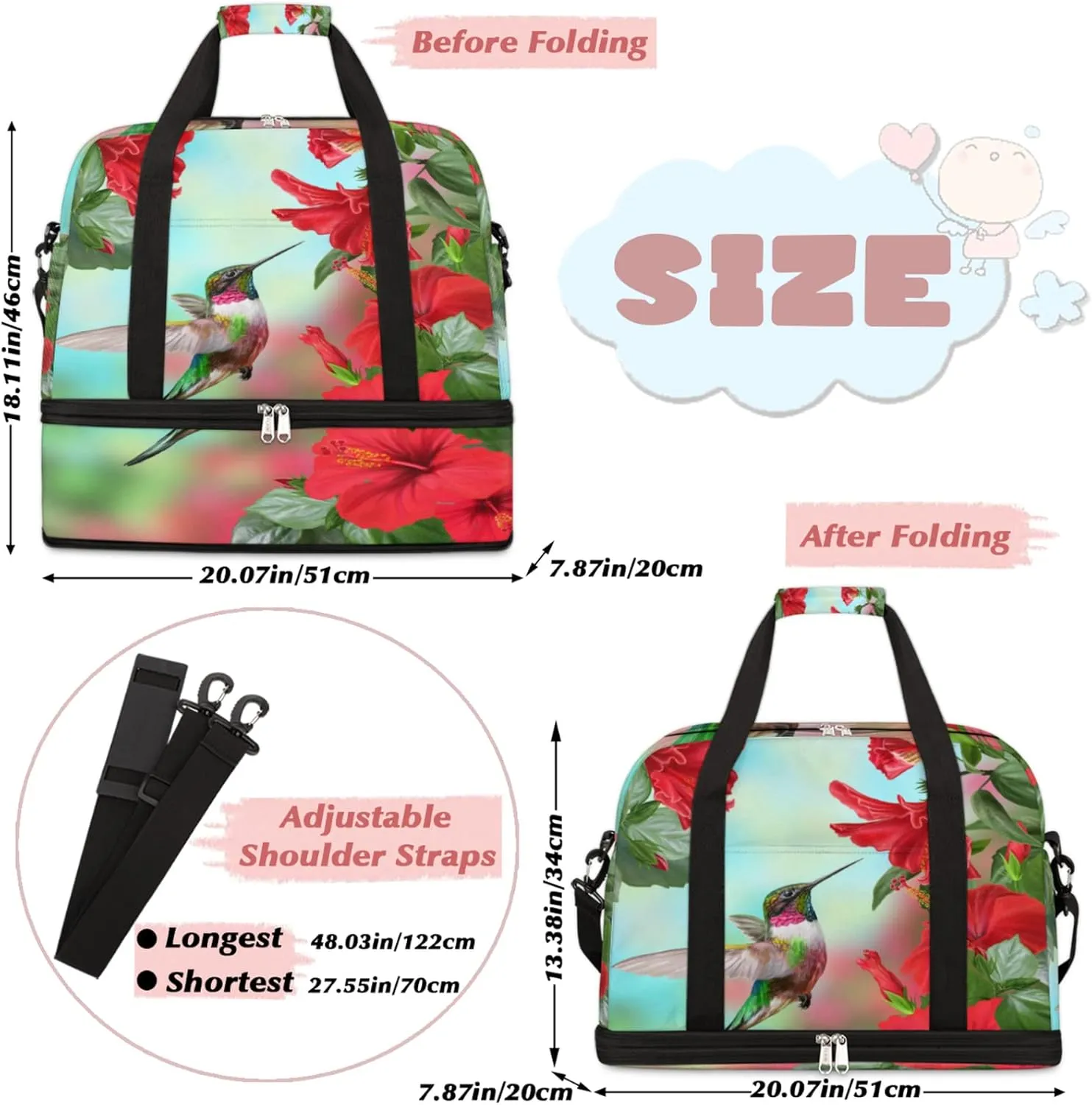 Spring Hummingbird Flower Floral Foldable Travel Duffel Bag Tote Carry on Luggage Sport Duffle for Women Men Gym Bag Overnight Weekender Bags with Shoe Compartments & Shoulder Strap