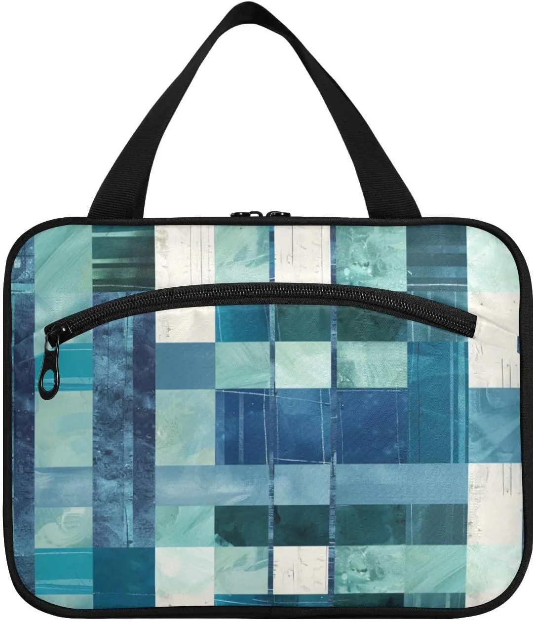 Square Geometric Plaid Stripe Embroidery Robin Blue hanging men's toiletry travel bag with hook, designer collapsible large capacity makeup bag for womens bathroom bolsas de maquillaje