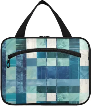 Square Geometric Plaid Stripe Embroidery Robin Blue hanging men's toiletry travel bag with hook, designer collapsible large capacity makeup bag for womens bathroom bolsas de maquillaje