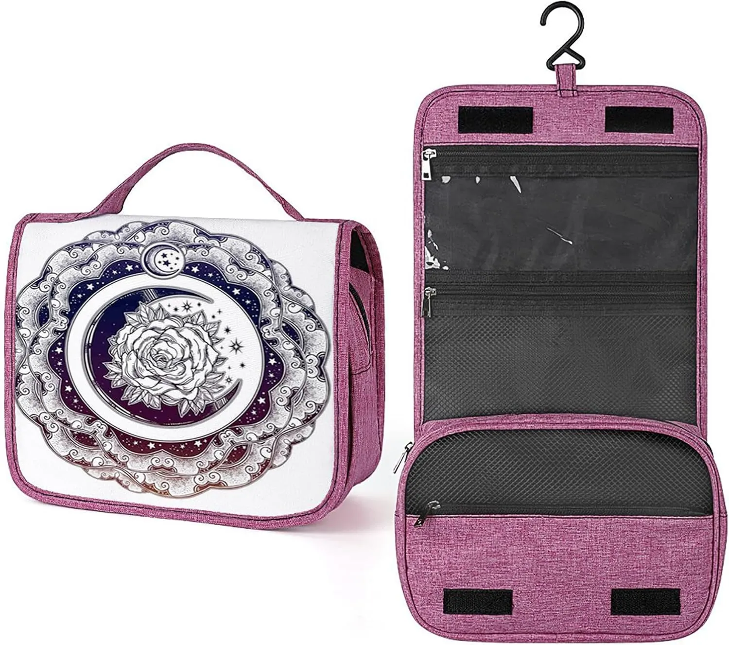 Star Mandala Theme,Toiletry Bag for Women,Romantic Rose with Crescent Moon,Water-resistant Hanging Bathroom Travel Makeup Organizer,Cosmetic Case Traveling for Full Accessories,Black White