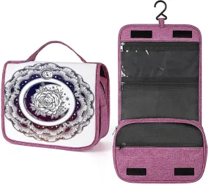 Star Mandala Theme,Toiletry Bag for Women,Romantic Rose with Crescent Moon,Water-resistant Hanging Bathroom Travel Makeup Organizer,Cosmetic Case Traveling for Full Accessories,Black White
