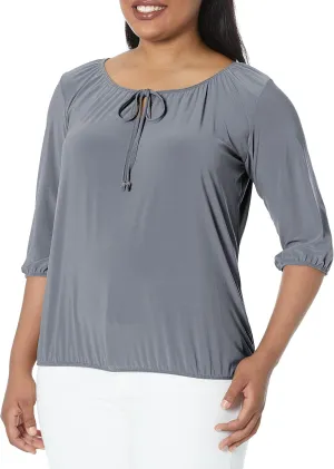 Star Vixen womens 3/4 Sleeve, Front Tie Peasant Top Blouse, Charcoal, Large Petite US