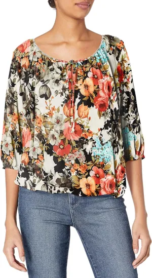 Star Vixen Women's 3/4 Sleeve, Front Tie Peasant Top, Light Floral, Petite/Small
