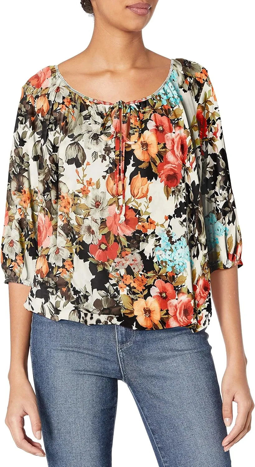 Star Vixen Women's 3/4 Sleeve, Front Tie Peasant Top, Light Floral, Petite/Small