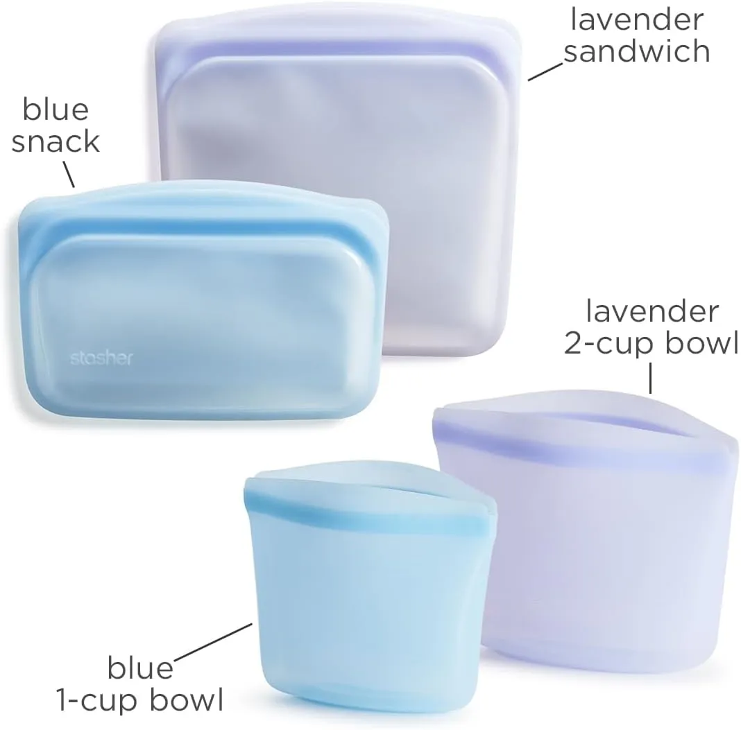Stasher Premium Silicone Reusable Food Storage Bags, 4-Pack, Multi | Multi-Use Food Storage Bags, Lunch Bag, Travel Containers | BPA Free, Leak-free, Dishwasher-Safe, Eco-friendly