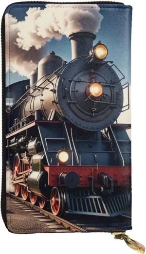 Steam Locomotive Train Wallet for Men Women,Rectangle Clutch Handbag with Zipper Leather Wallet for Credit Card Cash, Black