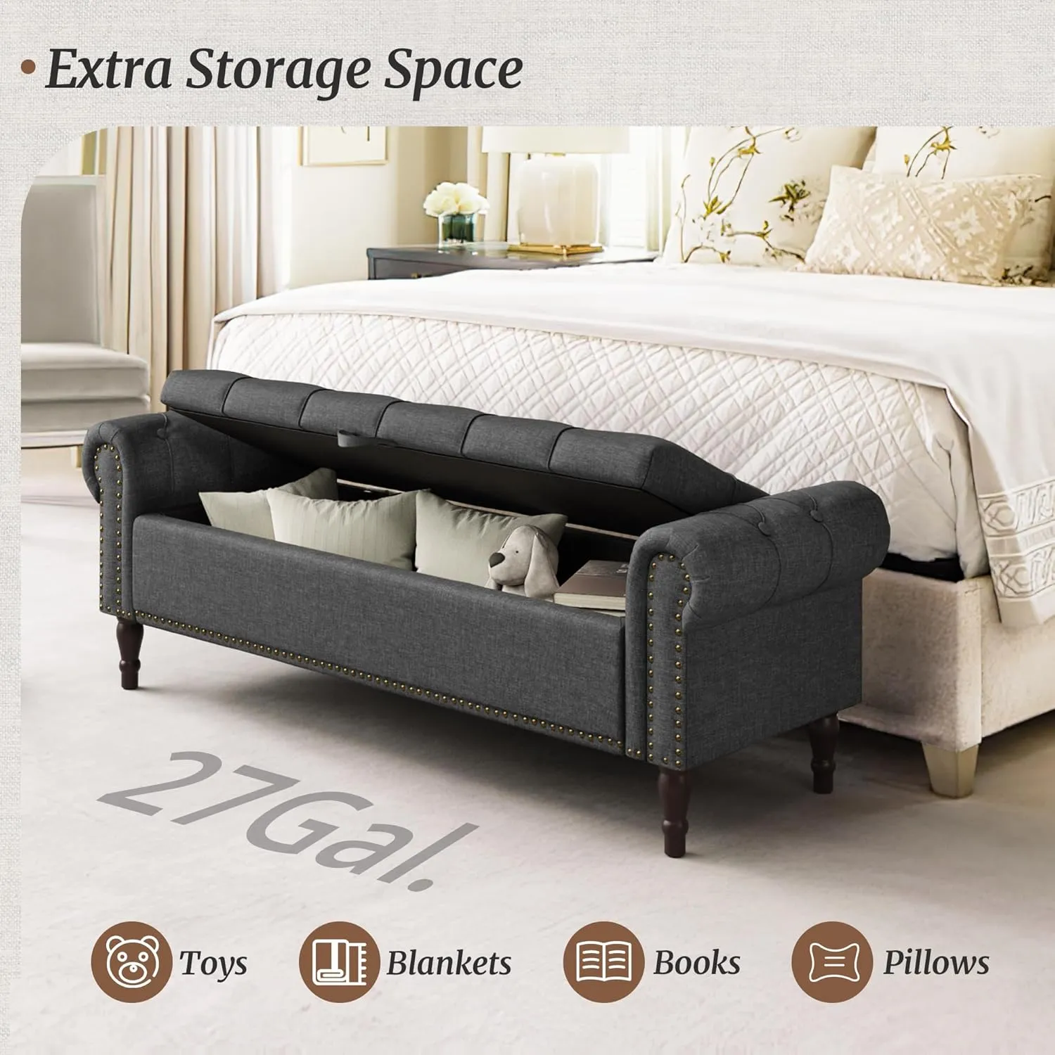Storage Bench Ottoman, 62" Long King Linen Rolled Arm Bedroom End of Bed Bench, Window Bench with Button Tufted and Nailhead Trim for Foot of Bed Bench, Bedroom, Entryway, Living Room, Gray