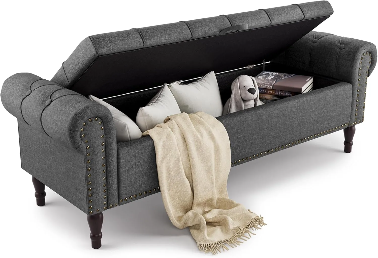 Storage Bench Ottoman, 62" Long King Linen Rolled Arm Bedroom End of Bed Bench, Window Bench with Button Tufted and Nailhead Trim for Foot of Bed Bench, Bedroom, Entryway, Living Room, Gray