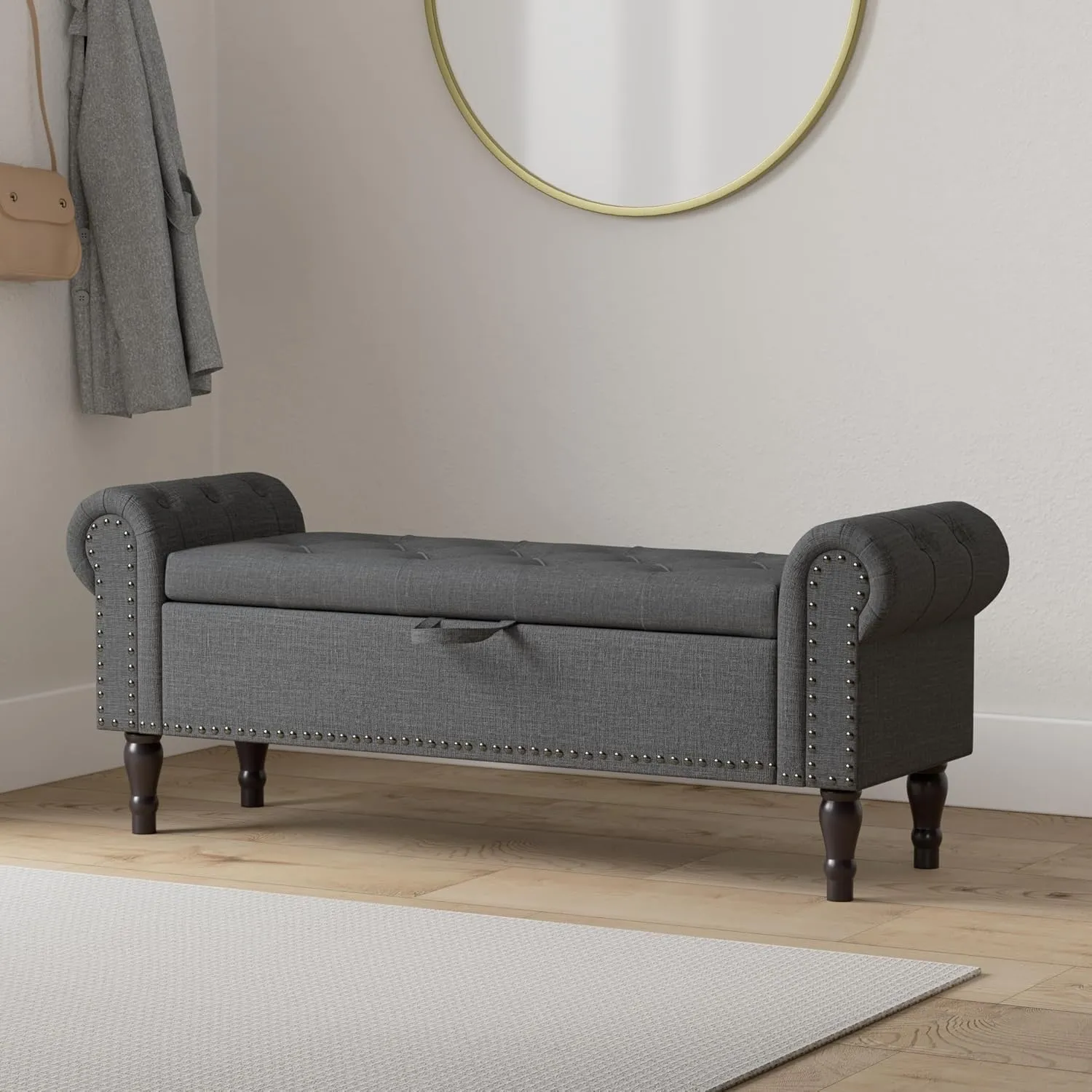 Storage Bench Ottoman, 62" Long King Linen Rolled Arm Bedroom End of Bed Bench, Window Bench with Button Tufted and Nailhead Trim for Foot of Bed Bench, Bedroom, Entryway, Living Room, Gray