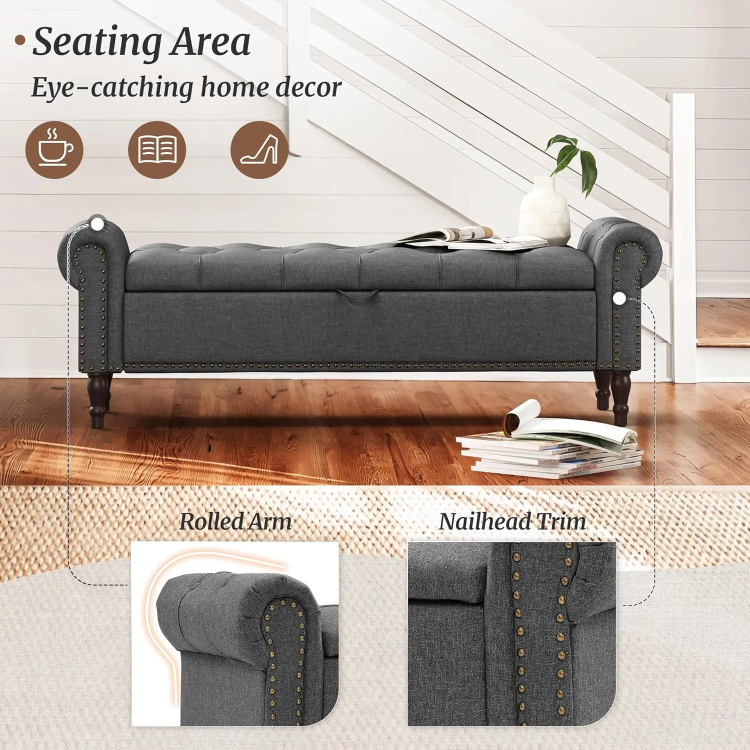 Storage Bench Ottoman, 62" Long King Linen Rolled Arm Bedroom End of Bed Bench, Window Bench with Button Tufted and Nailhead Trim for Foot of Bed Bench, Bedroom, Entryway, Living Room, Gray