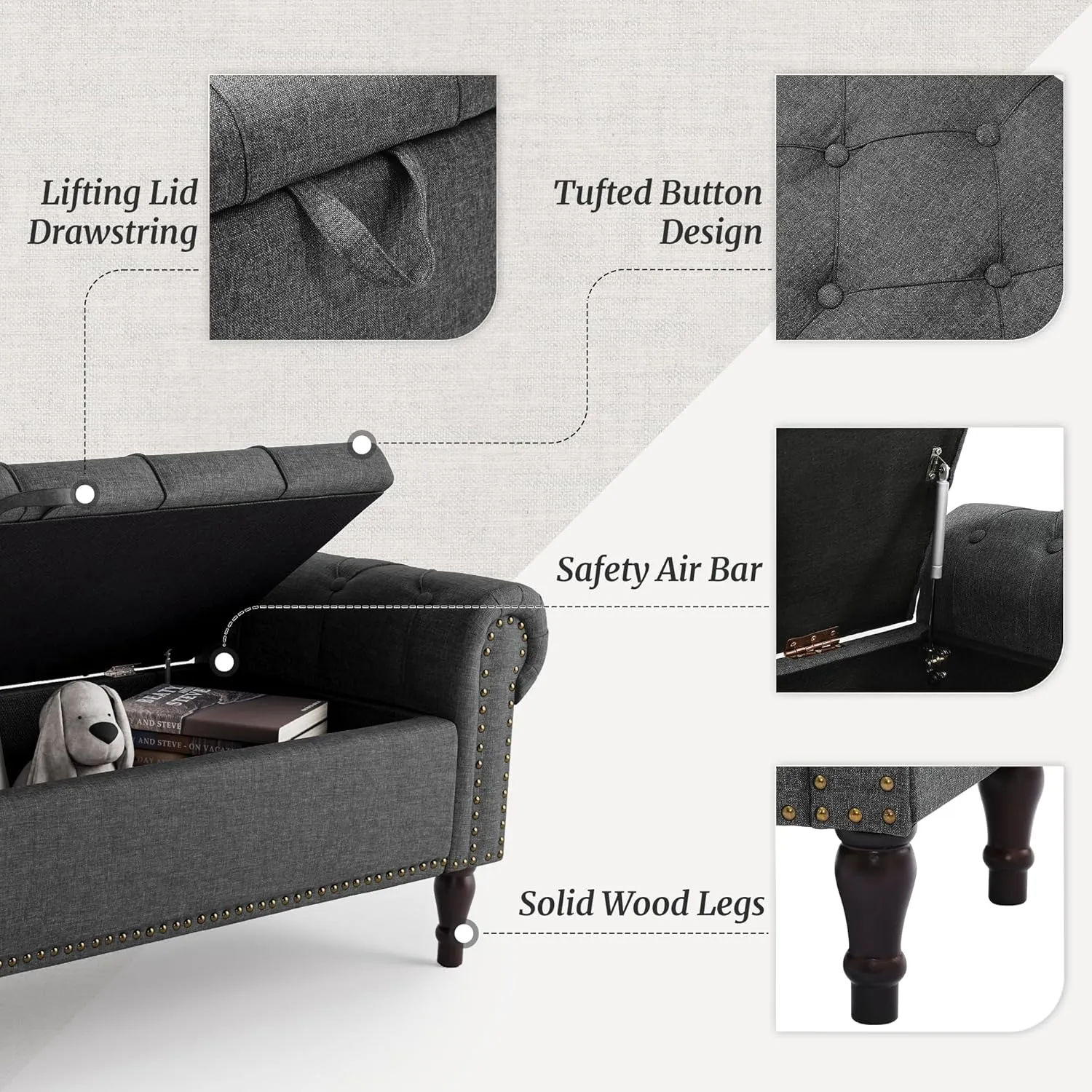 Storage Bench Ottoman, 62" Long King Linen Rolled Arm Bedroom End of Bed Bench, Window Bench with Button Tufted and Nailhead Trim for Foot of Bed Bench, Bedroom, Entryway, Living Room, Gray